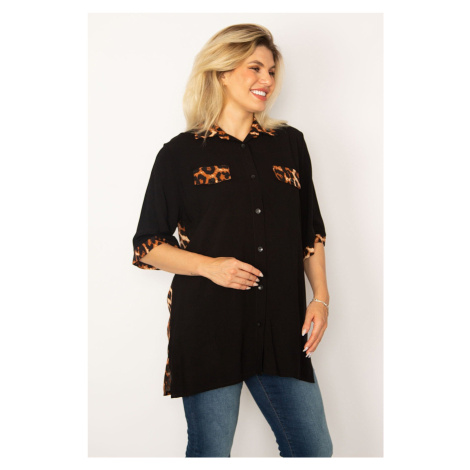 Şans Women's Plus Size Black Loopard Shirt With Garnish Woven Viscose Fabric