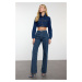 Trendyol Dark Blue Ribbed High Waist Wide Leg Jeans