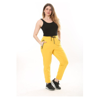 Şans Women's Plus Size Yellow Eyelet Lace Up And Elastic Zippered Pocket Detailed Sports Trouser