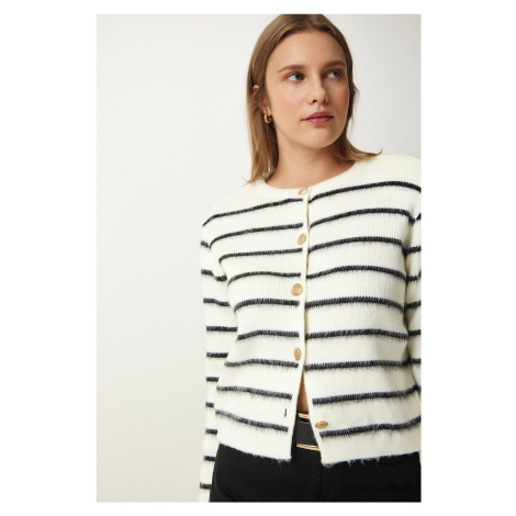 Happiness İstanbul Women's Bone Black Stylish Buttoned Striped Knitwear Cardigan
