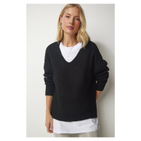Happiness İstanbul Dámský černý pletený svetr s texturou s výstřihem do V