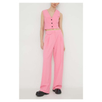 Kalhoty HUGO dámské, růžová barva, jednoduché, high waist, 50508637