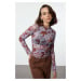 Trendyol Lilac Carioca Stitched Abstract Patterned Slim/Fits Crop/Short Knitted Blouse