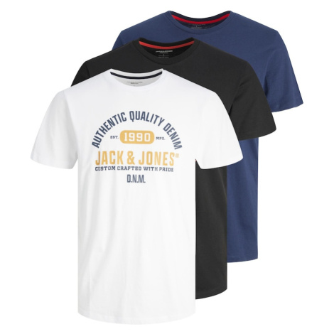 JACK & JONES Tričko 'Stamp' černá / bílá / marine modrá / oranžová
