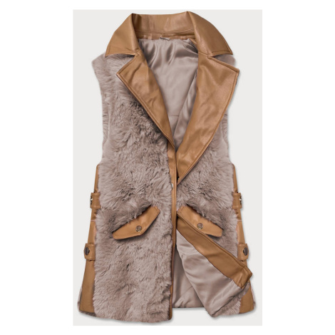 Elegantní vesta v karamelovo-béžové barvě z eko kůže a kožešiny (BR9592-48022) S'WEST