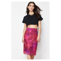 Trendyol Premium Fuchsia Printed Tulle High Waist Lined Midi Knitted Skirt