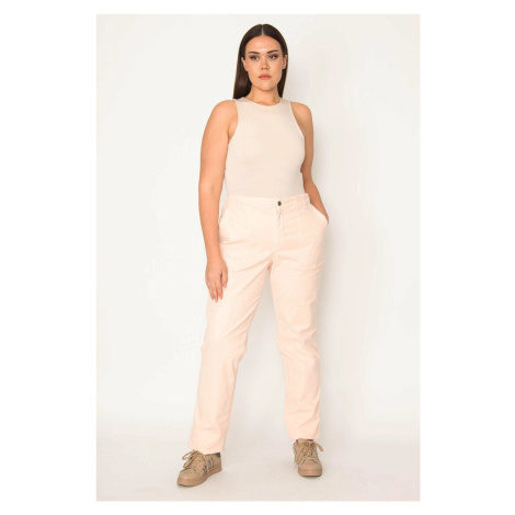 Şans Women's Plus Size Pink Lycra Canvas Trousers with Attached Pocket Detail