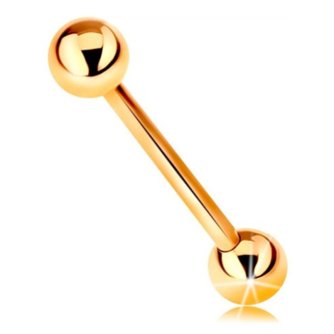 Piercing ze žlutého 9K zlata - barbell se dvěma lesklými kuličkami, 18 mm Šperky eshop