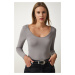 Happiness İstanbul Women's Gray Wide U-Neck Viscose Knitted Blouse