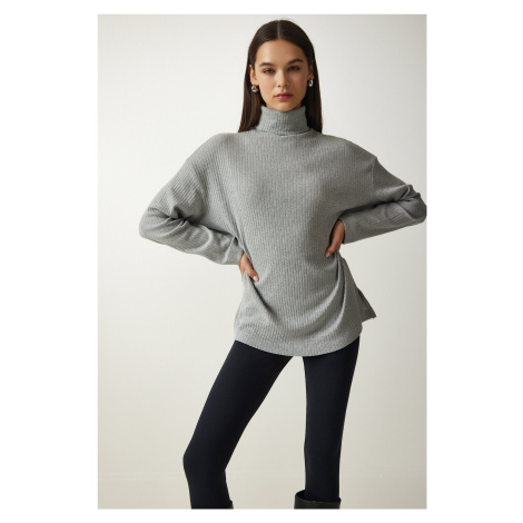 Happiness İstanbul Women's Gray Turtleneck Ribbed Oversize Knitted Blouse