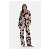 Dagi fialový květinový tisk Detailní saténové kalhoty pyžamové kalhoty
