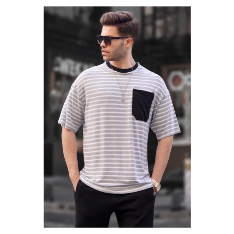 Madmext Men's Gray Striped Basic T-Shirt 6084
