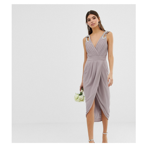 tfnc pleated midi bridesmaid dress with cross back and bow detail
