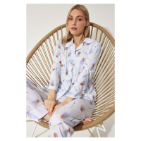 Happiness İstanbul Women's Lilac Patterned Shirt-Pants Knitted Pajama Set