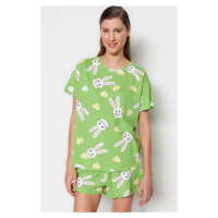 Trendyol Zelené 100% bavlněné pyžamo s králičím vzorem ve tvaru srdce - tričko a šortky