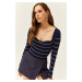 Olalook Women's Striped Navy Blue Kiss Collar Crop Knitwear Blouse