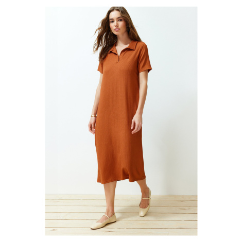 Trendyol Cinnamon Polo Neck Short Sleeve Crepe/Textured Knitted Midi Dress