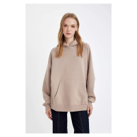 DEFACTO Oversize Wide Pattern Hooded Kangaroo Pocket Thick Basic Plain Sweatshirt