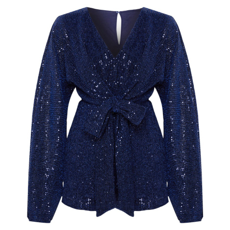 Trendyol Navy Blue Glitter Sequin Tie Detail Short Jumpsuit