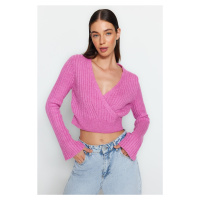 Trendyol Pink Crop Soft Textured Double Breasted Knitwear Sweater