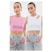 Trendyol Pink-White 2 Pack Cut Out Detailed Fitted Crop Ribbed Flexible Knitted Undershirt