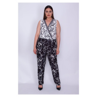 Şans Women's Plus Size Black Patterned Overalls with Wrapover Collar