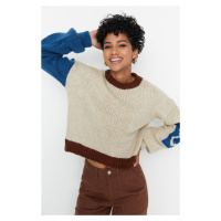Trendyol Stone Měkký texturovaný pletený svetr s barevným blokem