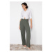 Trendyol Khaki Premium Straight/Straight Fit Asymmetric Waist Detail Woven Trousers