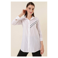 By Saygı White Tunic Shirt with Bias Stripes on One Side