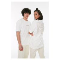 Trendyol White Unisex Relaxed/Comfortable Cut Text Printed 100% Cotton T-Shirt