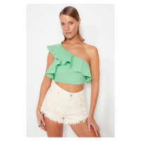 Trendyol Green Crop Woven Flounce One Shoulder 100% Cotton Blouse