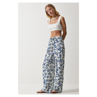 Happiness İstanbul Women's White Navy Blue Patterned Flowing Viscose Palazzo Trousers