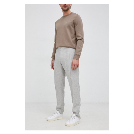 Plátěné kalhoty Emporio Armani pánské, šedá barva, jednoduché