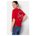 Trendyol Red 100% Cotton Back Printed Gathered Detailed Oversize Fit Crew Neck T-Shirt