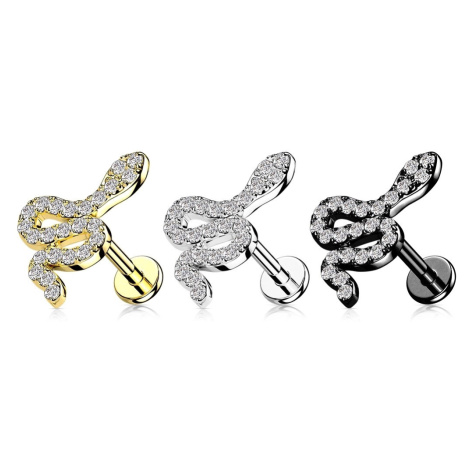 Piercing z oceli - stočený had s čirým zirkonem, vnitřní závit, 6 mm - Barva: Zlatá Šperky eshop