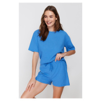 Trendyol Blue Waffle Fabric Knitted Pajama Set