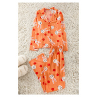 Trendyol Orange Rabbit Patterned Viscose Shirt-Pants Woven Pajama Set