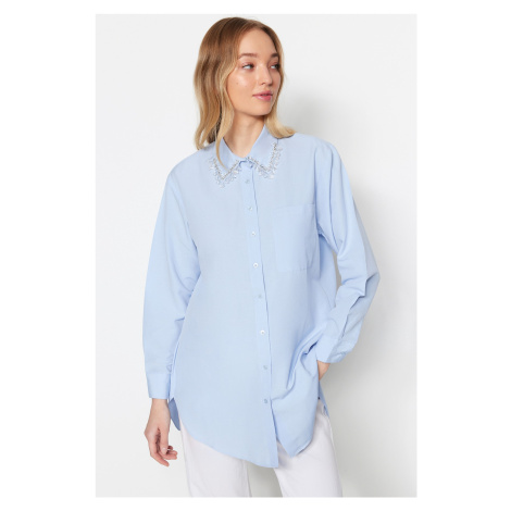 Trendyol modrá límečková tkaná bavlněná košile s detaily doplňků