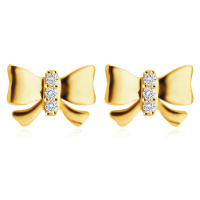 Diamantové náušnice ve žlutém 14K zlatě - mašle s vykládaným středem, brilianty