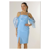 By Saygı Bead Detail Straps Organza Low Sleeve Lined Crepe Dress