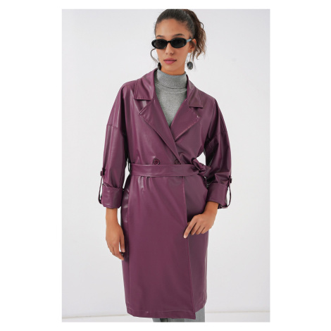 Bigdart 1034 Belted Faux Leather Trench Coat - Plum