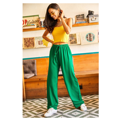 Olalook Women's Grass Green Belted Woven Viscon Palazzo Trousers