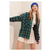 Trend Alaçatı Stili Women's Sax Green Plaid Single Pocket Oversized Stamped Shirt