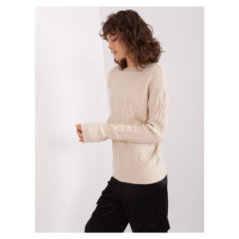 Světle béžový pletený dámský svetr s kabelovým vzorem Fashionhunters