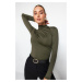 Trendyol Khaki Shirring Detailed Standing Collar With Snap fastener, Flexible Knitted Body
