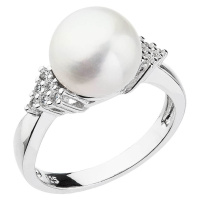 Evolution Group Stříbrný prsten s bílou říční perlou a zirkony 25002.1