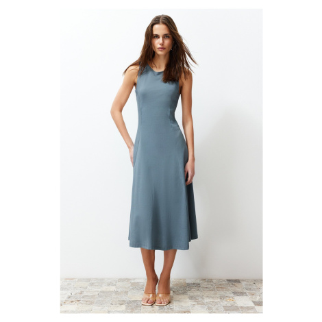 Trendyol Anthracite 100% Cotton Skater/Waisted Crew Neck Sleeveless Midi Knitted Midi Dress