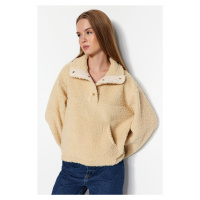 Trendyol Beige Plush Snap Detailed Knitted Sweatshirt with Kangaroo Pocket