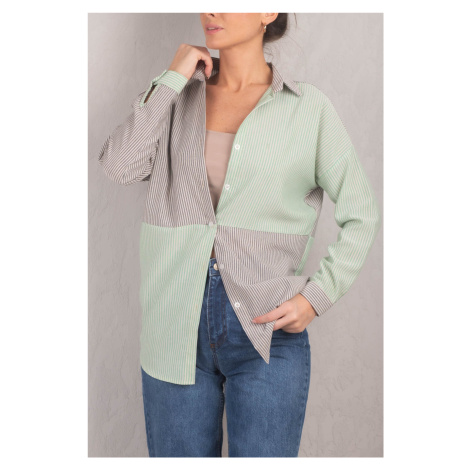 armonika Women's Green Striped Two Color Long Sleeve Loose Shirt