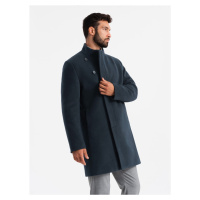 Ombre Men's coat with asymmetrical fastening and high collar - navy blue